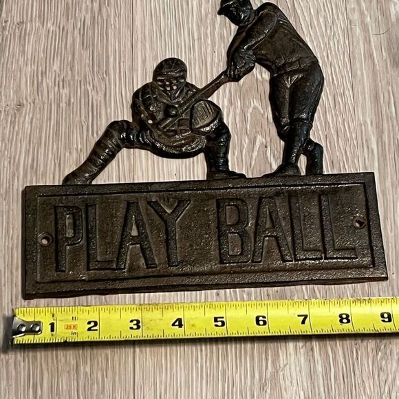 Baseball Black/Brown Cast Iron “PLAY BALL” Catcher Hitter 9” Wall Hanging Plaque - Picture 6 of 6